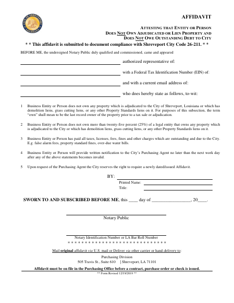 First page of the No Adjudicated Property or City Debt Affidavit