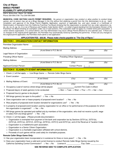 First page of the Bingo Permit Eligibility Application