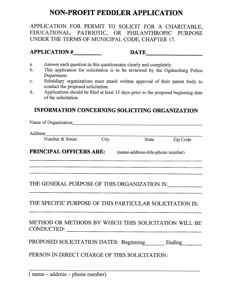 First page of the Non-Profit Peddler Application