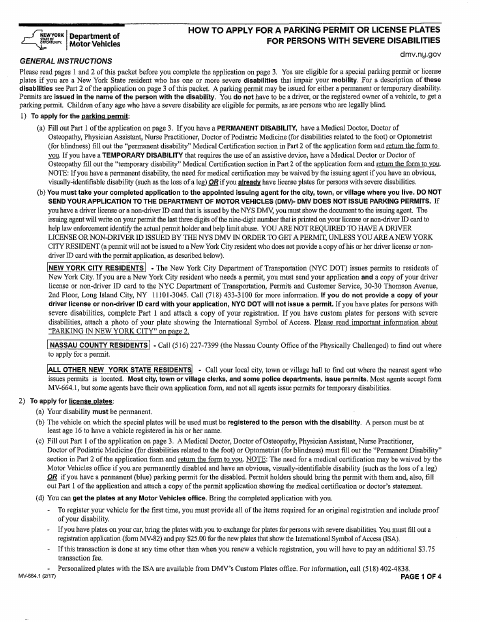First page of the Parking Permit or License Plates Application for Persons With Severe Disabilities