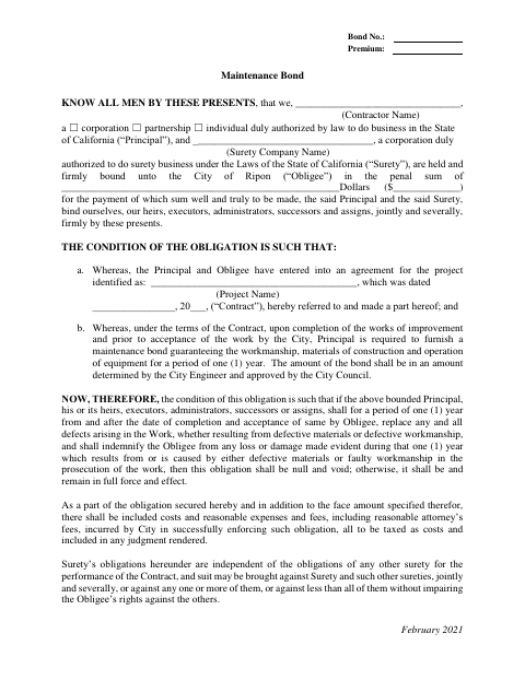 First page of the Maintenance Bond