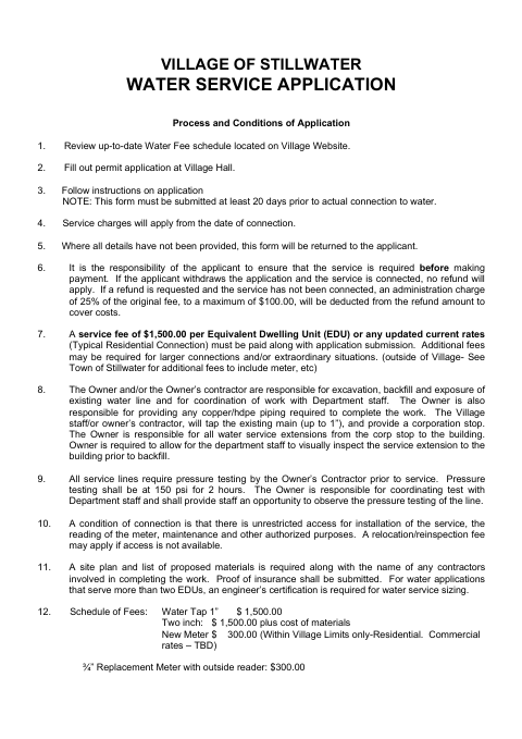 First page of the Water Service Application
