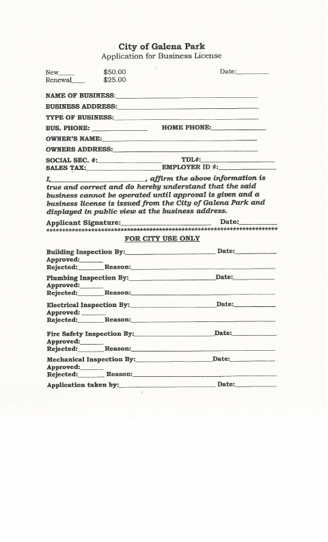 First page of the Application for Business License