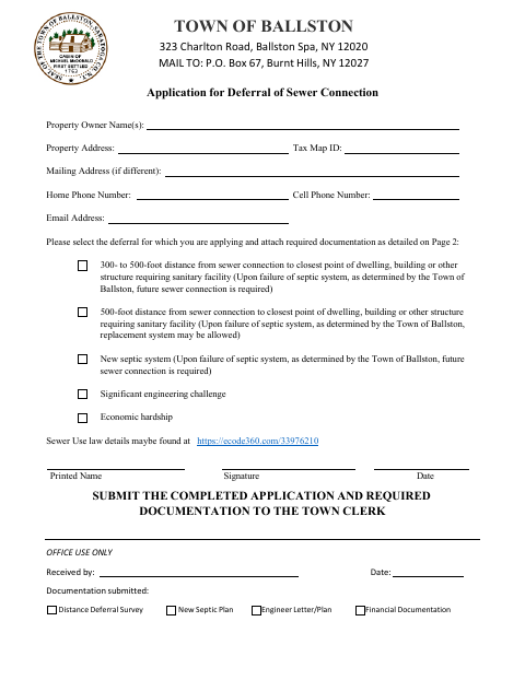 First page of the Application for Deferral of Sewer Connection