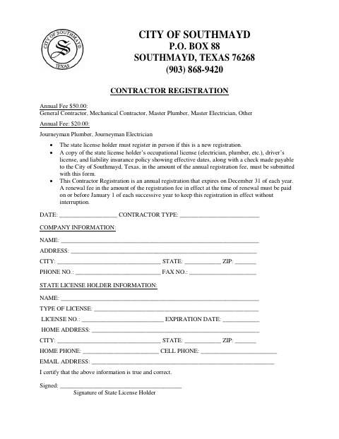 First page of the Contractor Registration