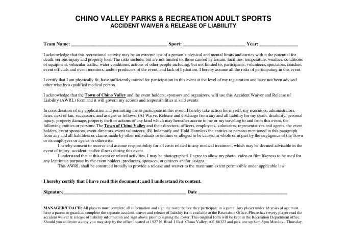 First page of the Adult Sports Accident Waiver and Release of Liability