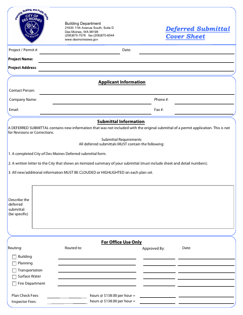 First page of the Deferred Submittal Cover Sheet