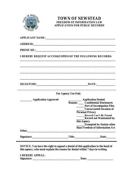 First page of the Freedom of Information Law Application for Public Records