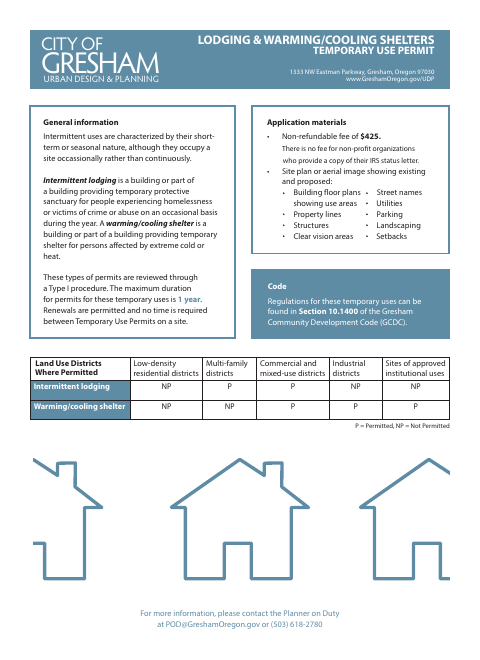 First page of the Lodging And Warming/Cooling Shelters Temporary Use Permit