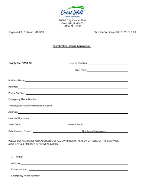 First page of the Pawnbroker License Application