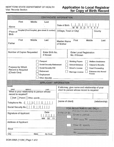 First page of the Birth Certificate Application