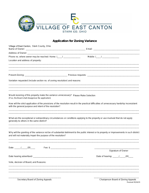 First page of the Application for Zoning Variance