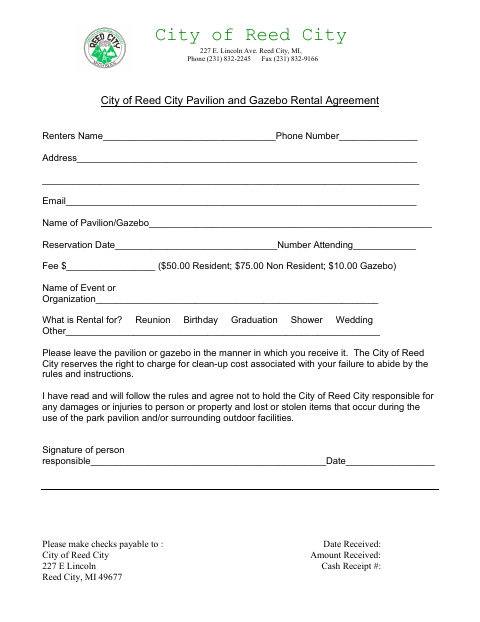 First page of the Pavilion and Gazebo Rental Agreement