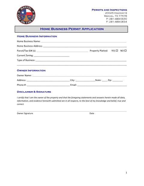First page of the Home Business Permit Application