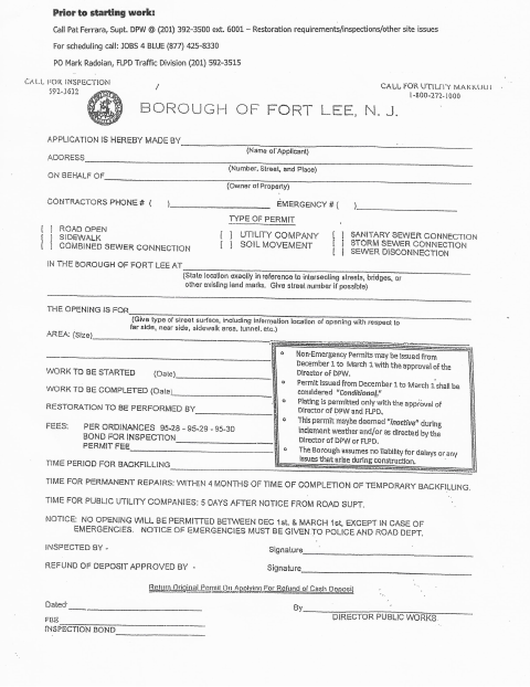 First page of the Road Opening Permit Application
