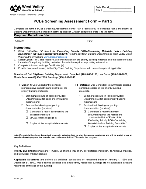 First page of the PCBs Screening Assessment Form – Part 2