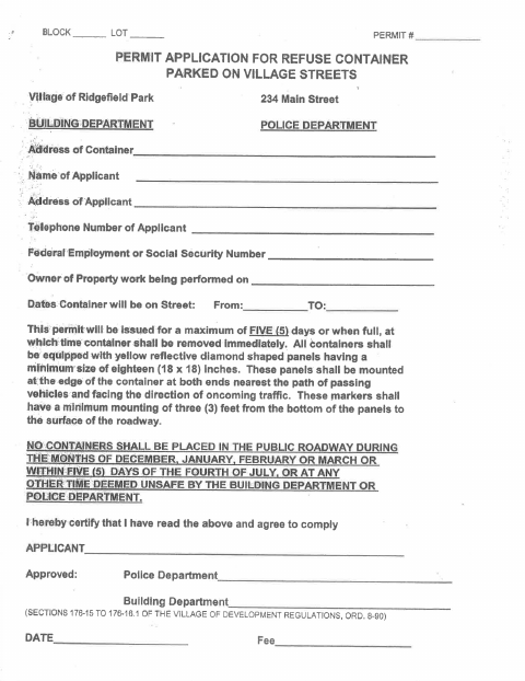 First page of the Permit Application for Refuse Containers