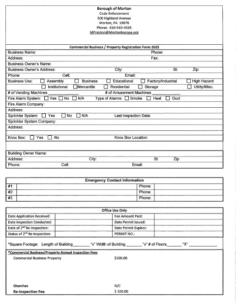 First page of the Commercial Business / Property Registration Form