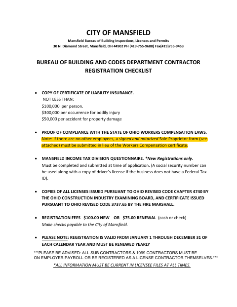First page of the Contractor Registration Checklist and No Employees Affidavit