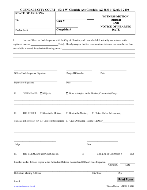 First page of the Witness Motion, Order and Notice of Hearing Date