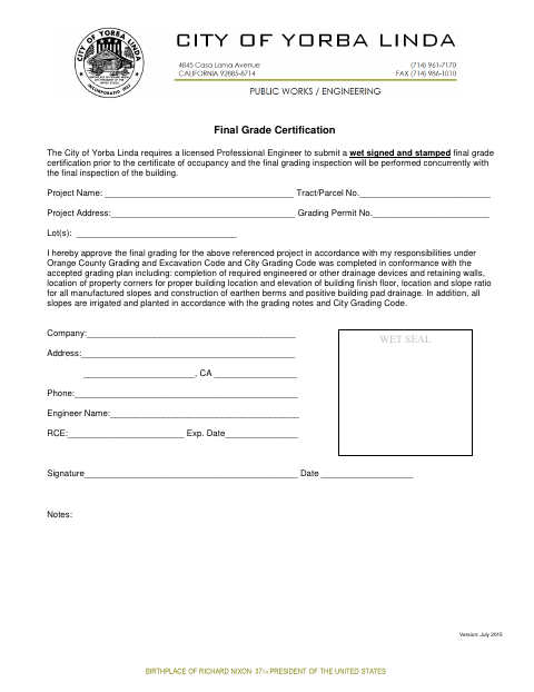 First page of the Final Grade Certification