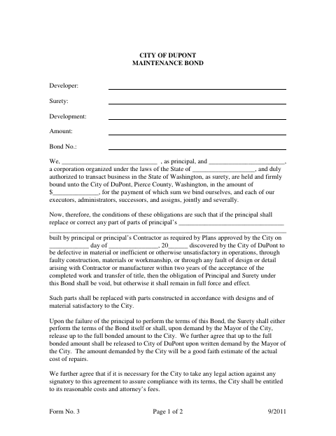 First page of the Maintenance Bond