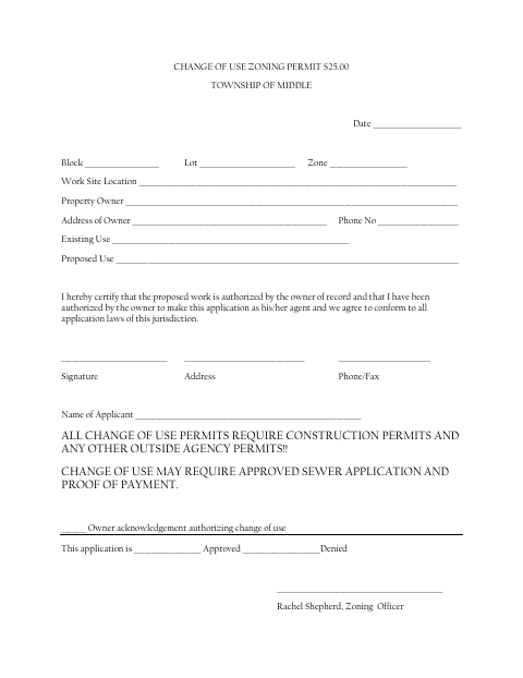 First page of the Change of Use Zoning Permit