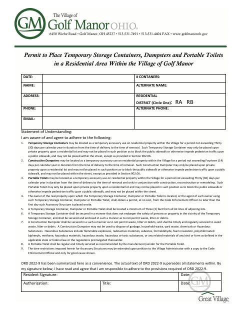 First page of the Permit to Place Temporary Storage Containers, Dumpsters and Portable Toilets in a Residential Area