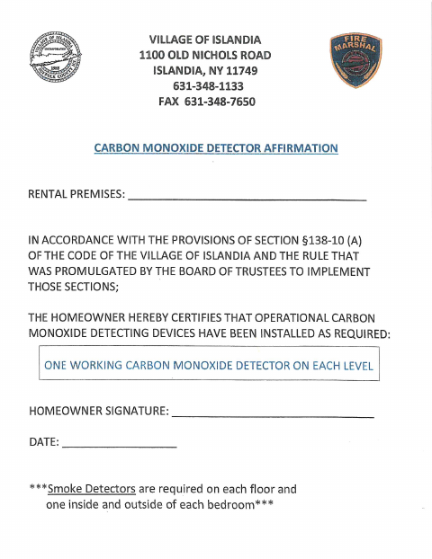 First page of the Carbon Monoxide Detector Affirmation