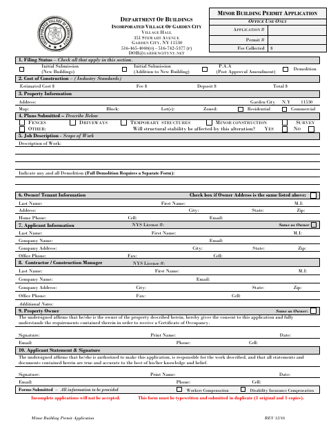 First page of the Minor Building Permit Application