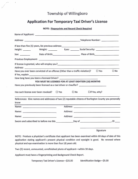 First page of the Temporary Taxi Driver’s License Application