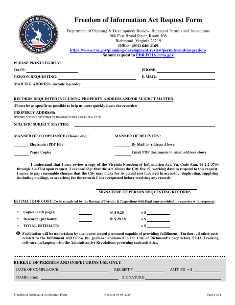 First page of the Freedom of Information Act Request Form