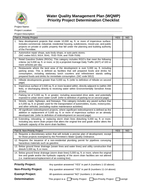First page of the Water Quality Management Plan (WQMP) Priority Project Determination Checklist