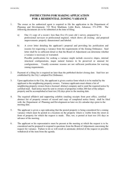 First page of the Residential Zoning Variance Application