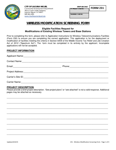 First page of the Wireless Modification Screening Form