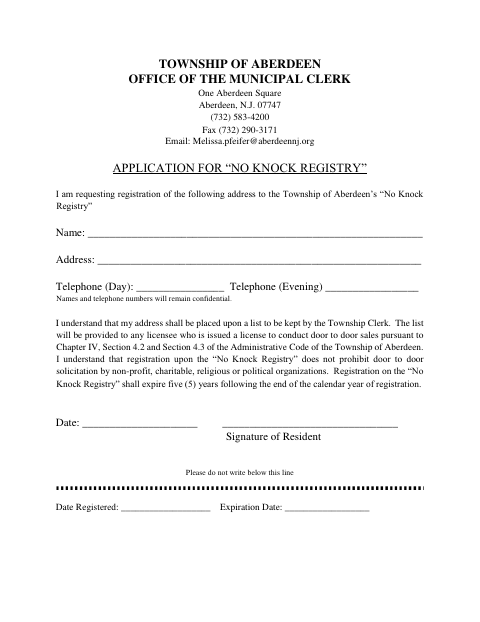 First page of the Application for No Knock Registry