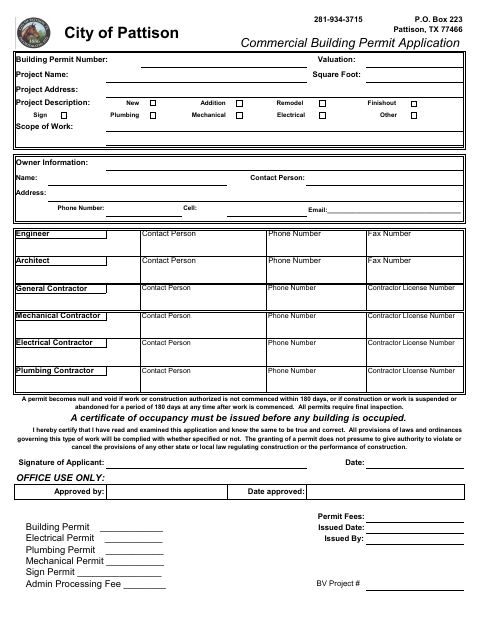 First page of the Commercial Building Permit Application
