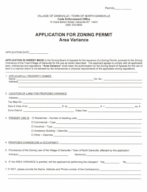 First page of the Zoning Area Variance Application