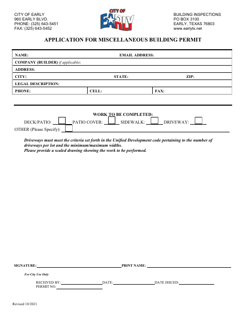 First page of the Application for Miscellaneous Building Permit