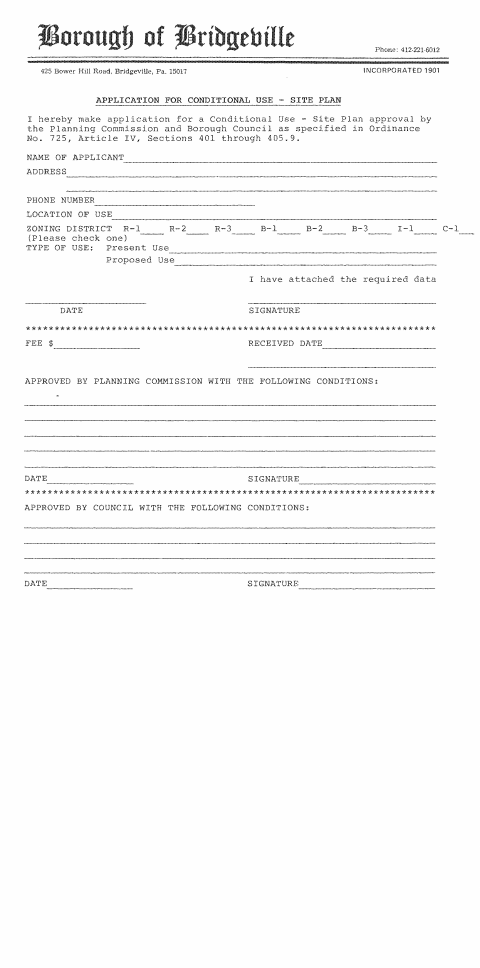 First page of the Application for Conditional Use – Site Plan