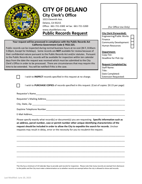 First page of the Public Records Request Form