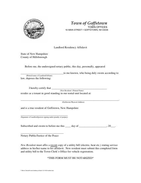 First page of the Landlord Residency Affidavit
