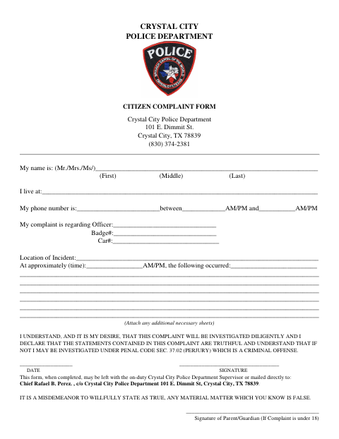 First page of the Citizen Complaint Form