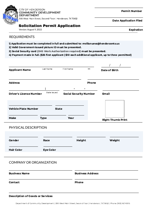 First page of the Solicitation Permit Application