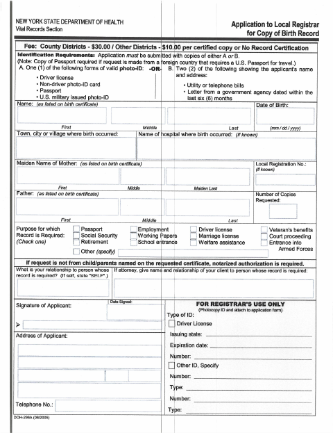 First page of the Application for Birth Record