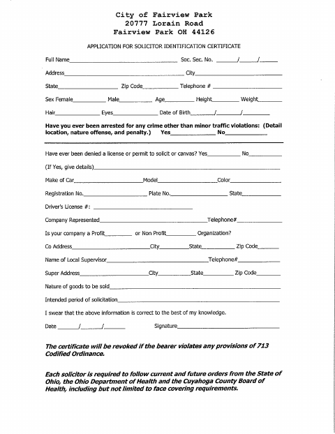 First page of the Solicitor Identification Certificate Application