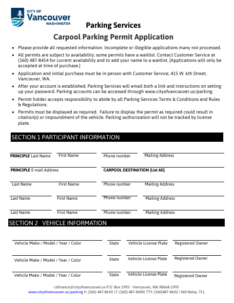 First page of the Carpool Parking Permit Application
