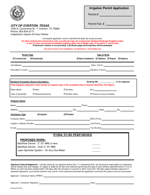 First page of the Irrigation Permit Application