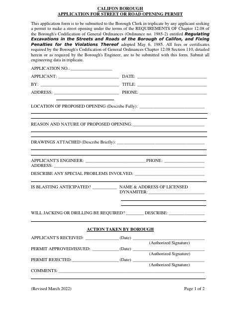 First page of the Application for Street or Road Opening Permit
