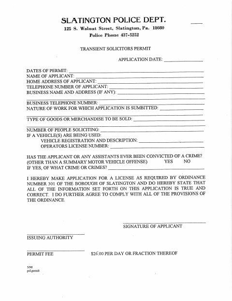 First page of the Transient Solicitors Permit Application